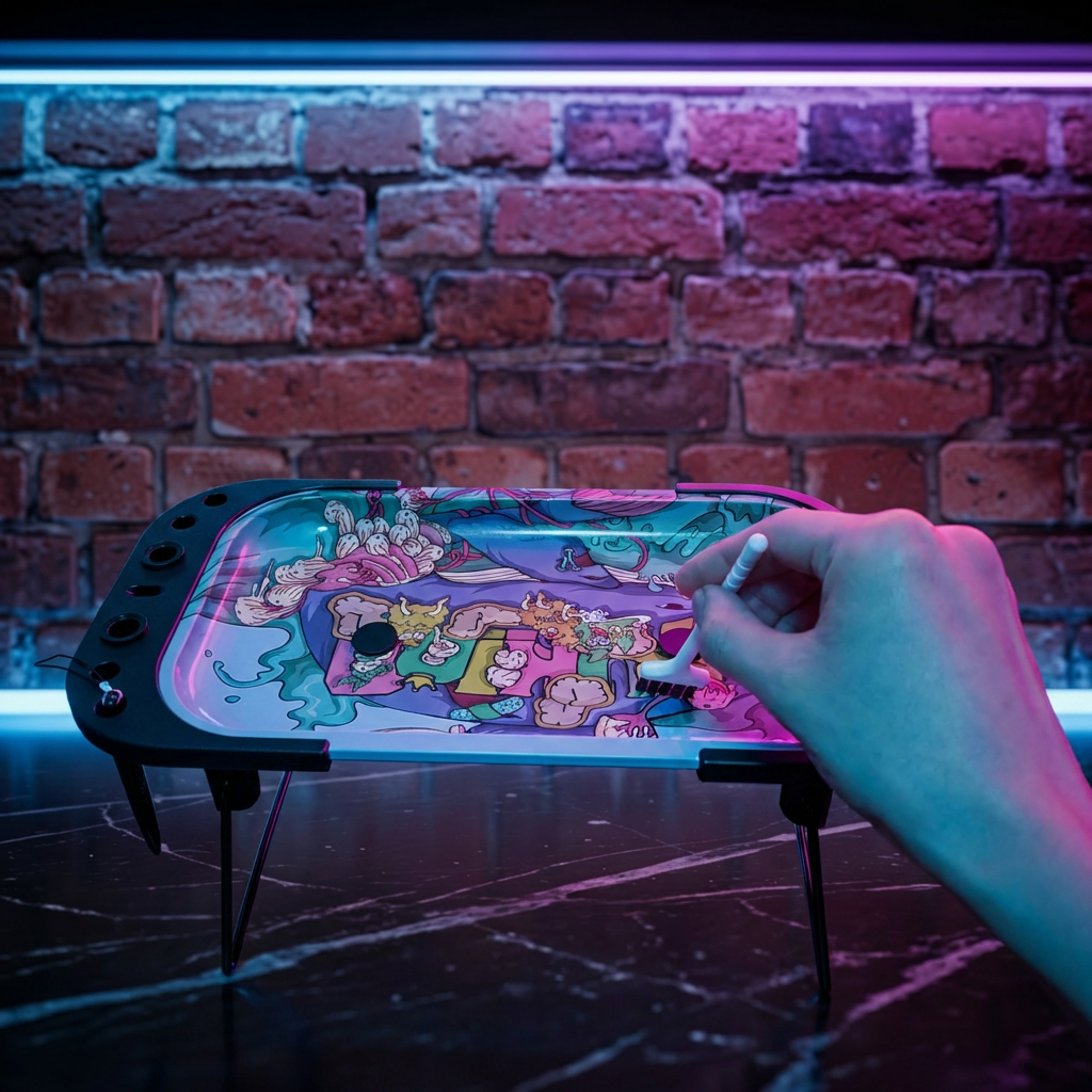 Trippy Mushroom Standing Rolling Tray – Psychedelic Prep StationA brush and rolling tray with a colorful cartoon display against a brick wall.