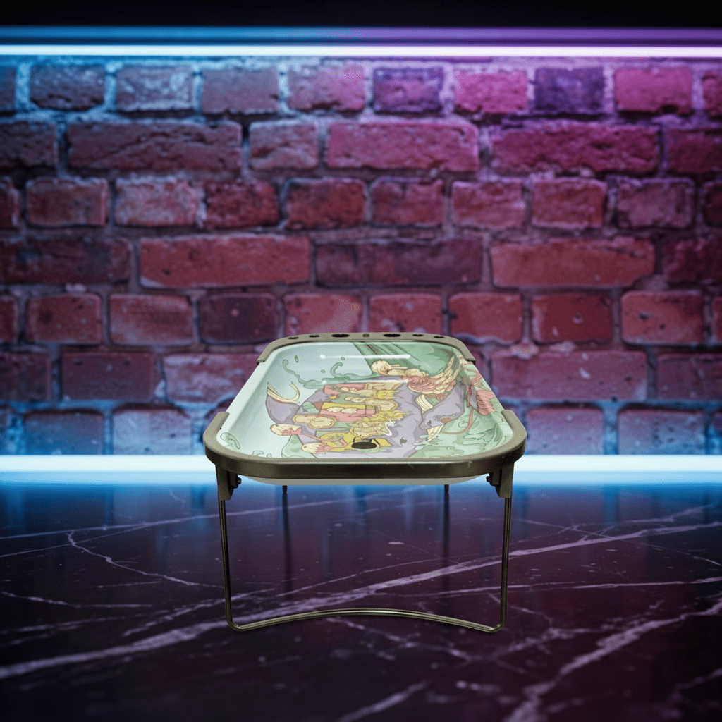 Trippy Mushroom Standing Rolling Tray – Psychedelic Prep Stationrolling tray on a stand against a brick wall background