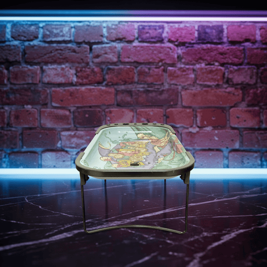 Trippy Mushroom Standing Rolling Tray – Psychedelic Prep Stationrolling tray on a stand against a brick wall background