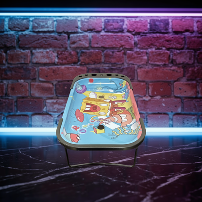 Trippy Sponge Parody Rolling Tray Station – Nostalgic Cartoon Prep TableCartoon - themed rolling tray against a brick wall background