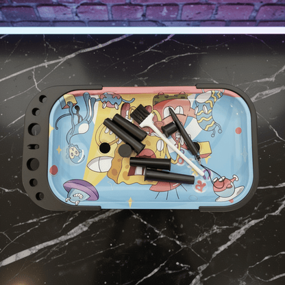 Trippy Sponge Parody Rolling Tray Station – Nostalgic Cartoon Prep TableCartoon - themed rolling tray with black cylindrical objects on a dark surface