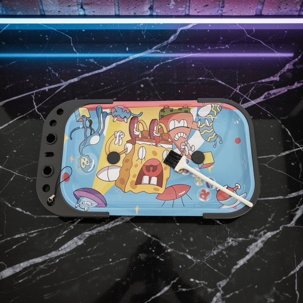 Trippy Sponge Parody Rolling Tray Station – Nostalgic Cartoon Prep Tablerolling tray with cartoon design on a black marble surface