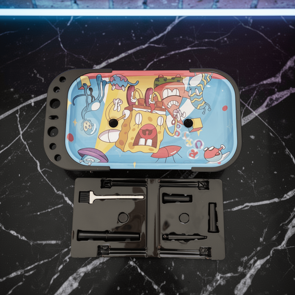 Trippy Sponge Parody Rolling Tray Station – Nostalgic Cartoon Prep Tablesmoking rolling tray with cartoon design on a black marble surface