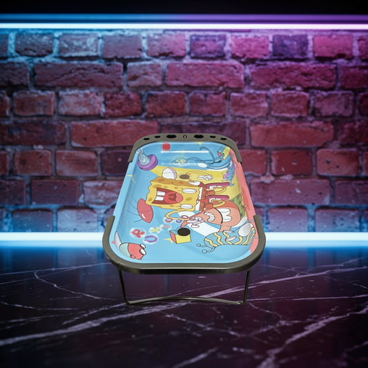 Trippy Sponge Parody Rolling Tray Station – Nostalgic Cartoon Prep TableCartoon - themed rolling tray against a brick wall background